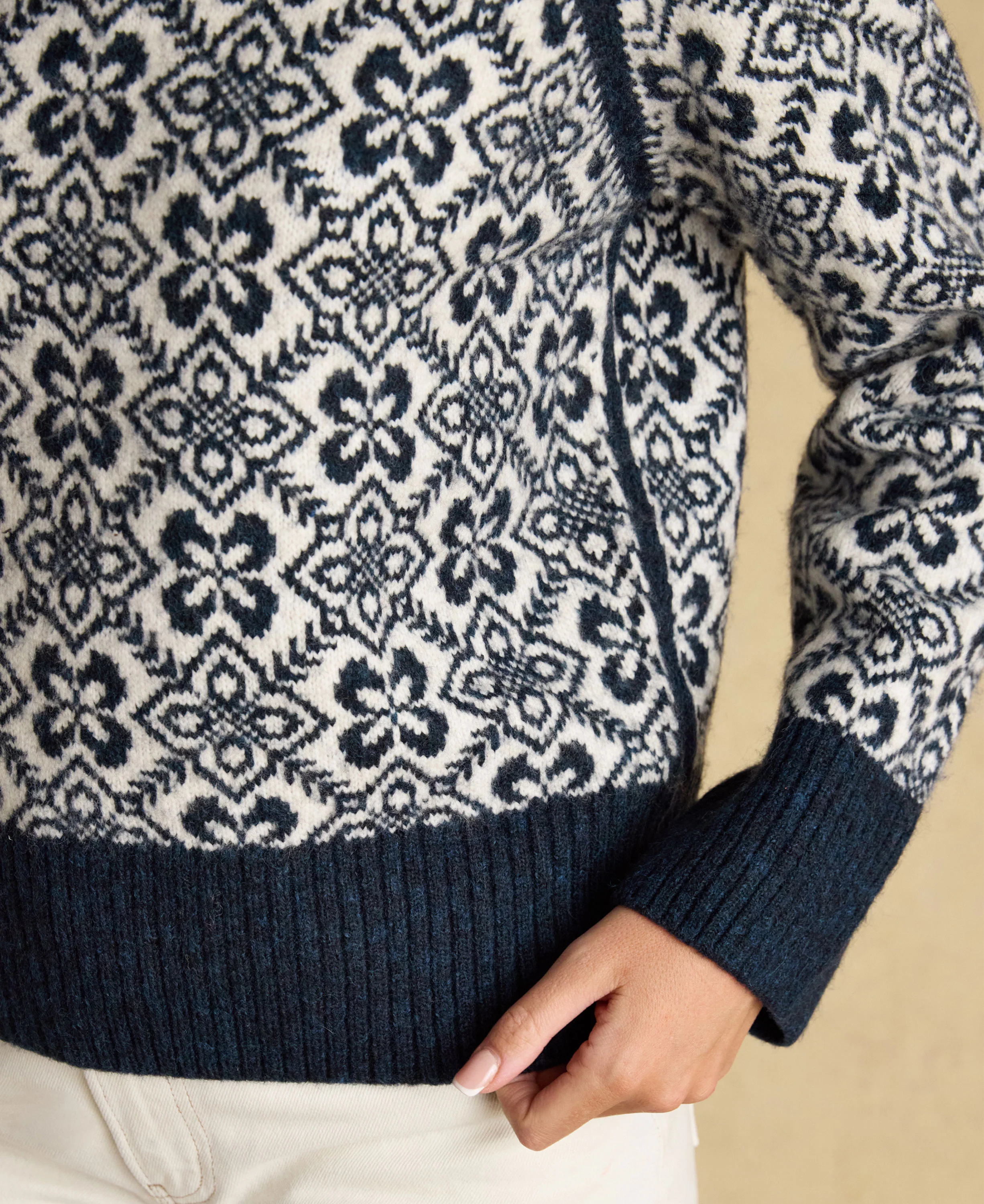 Addison Patterned Knitted Jumper with Detachable Roll Neck - Cream/Navy - Image 5