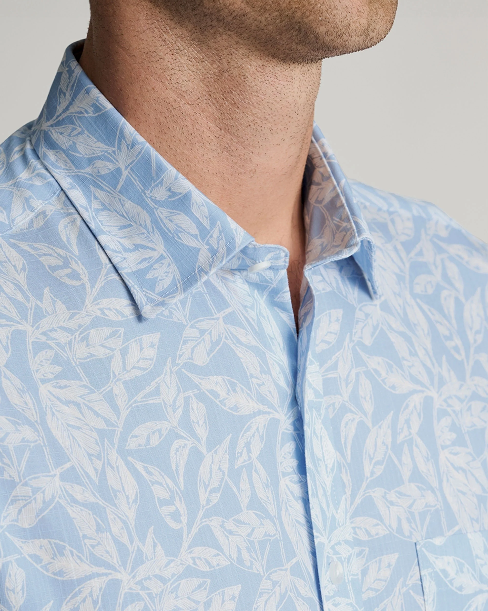 Botanical Leaf Print Slub Cotton Short Sleeve Shirt - Sky Blue - Image 3