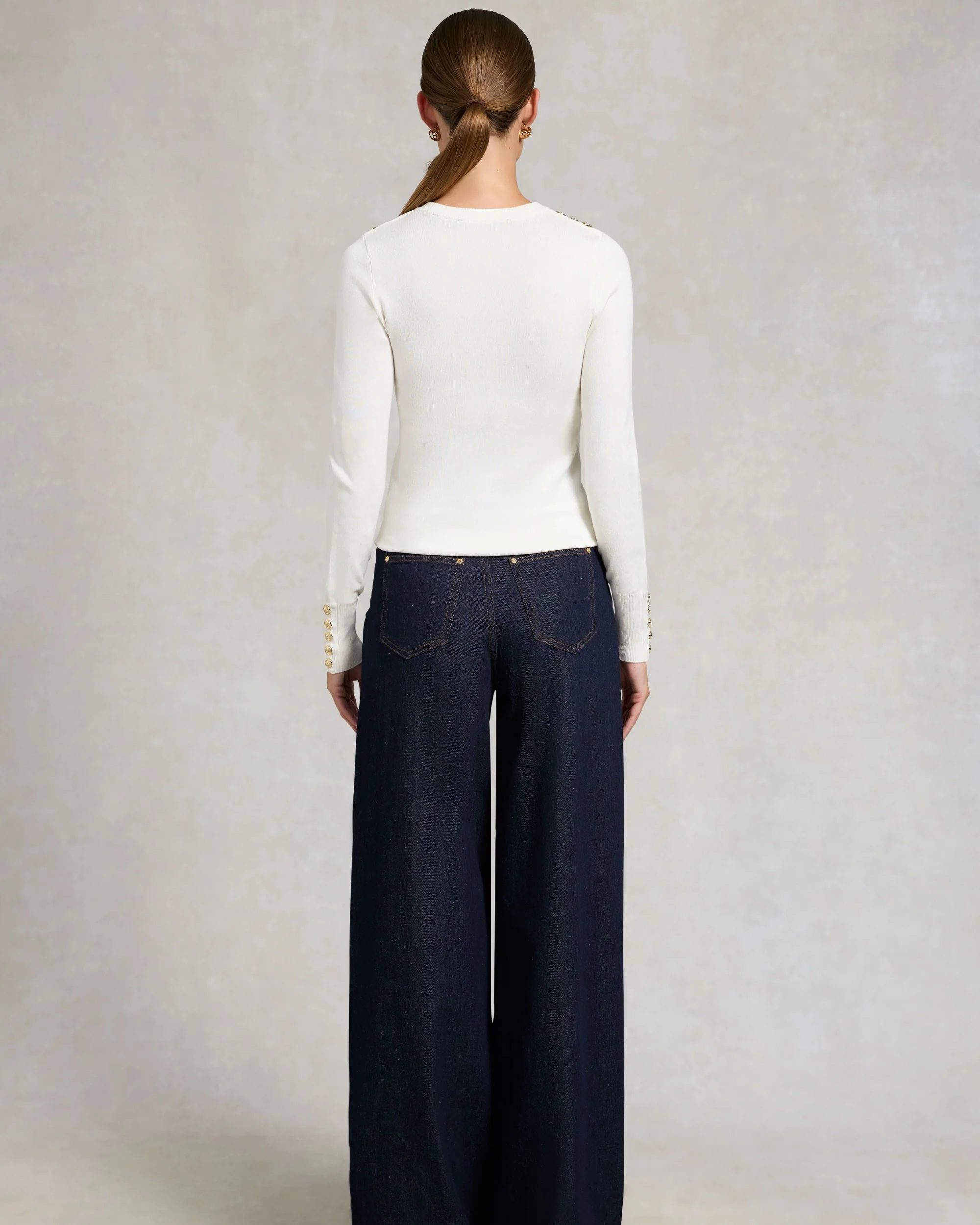 Buttoned Knit Crew Neck - Cream - Image 5