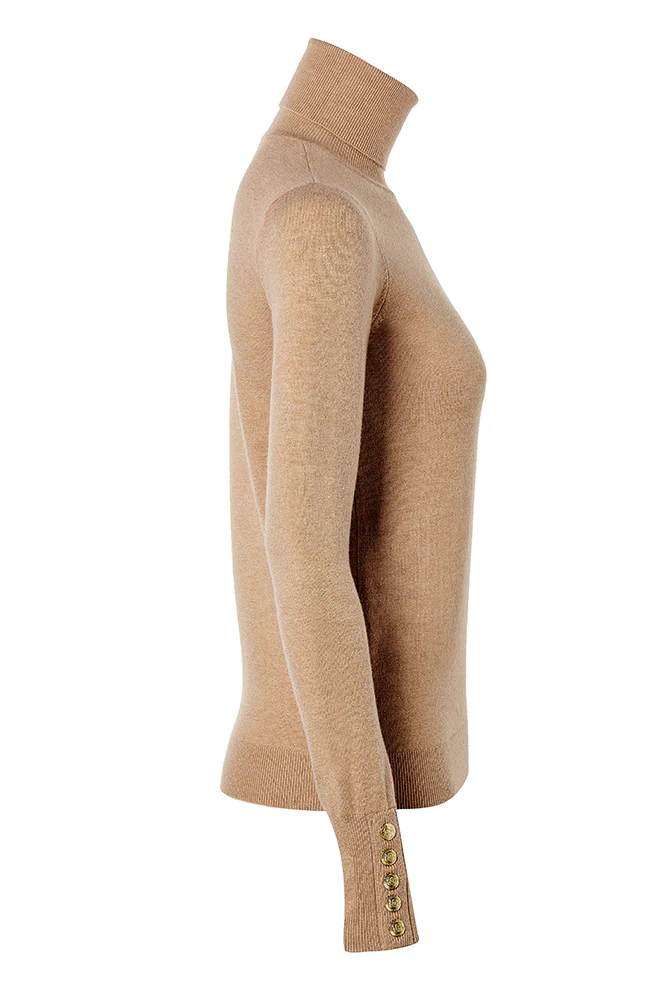 Buttoned Knit Roll Neck - Dark Camel - Image 3