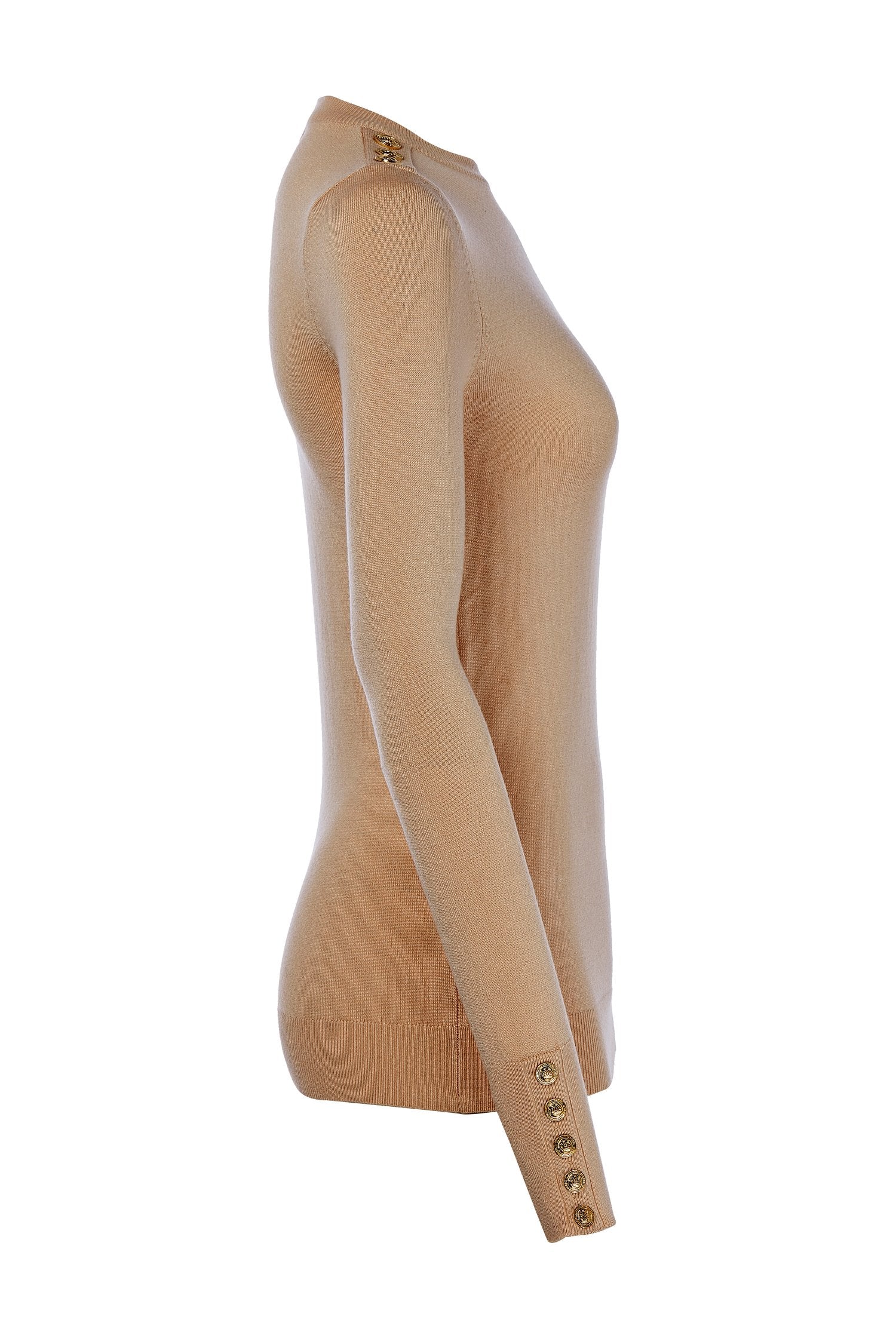 Buttoned Knit Crew Neck - Dark Camel - Image 9