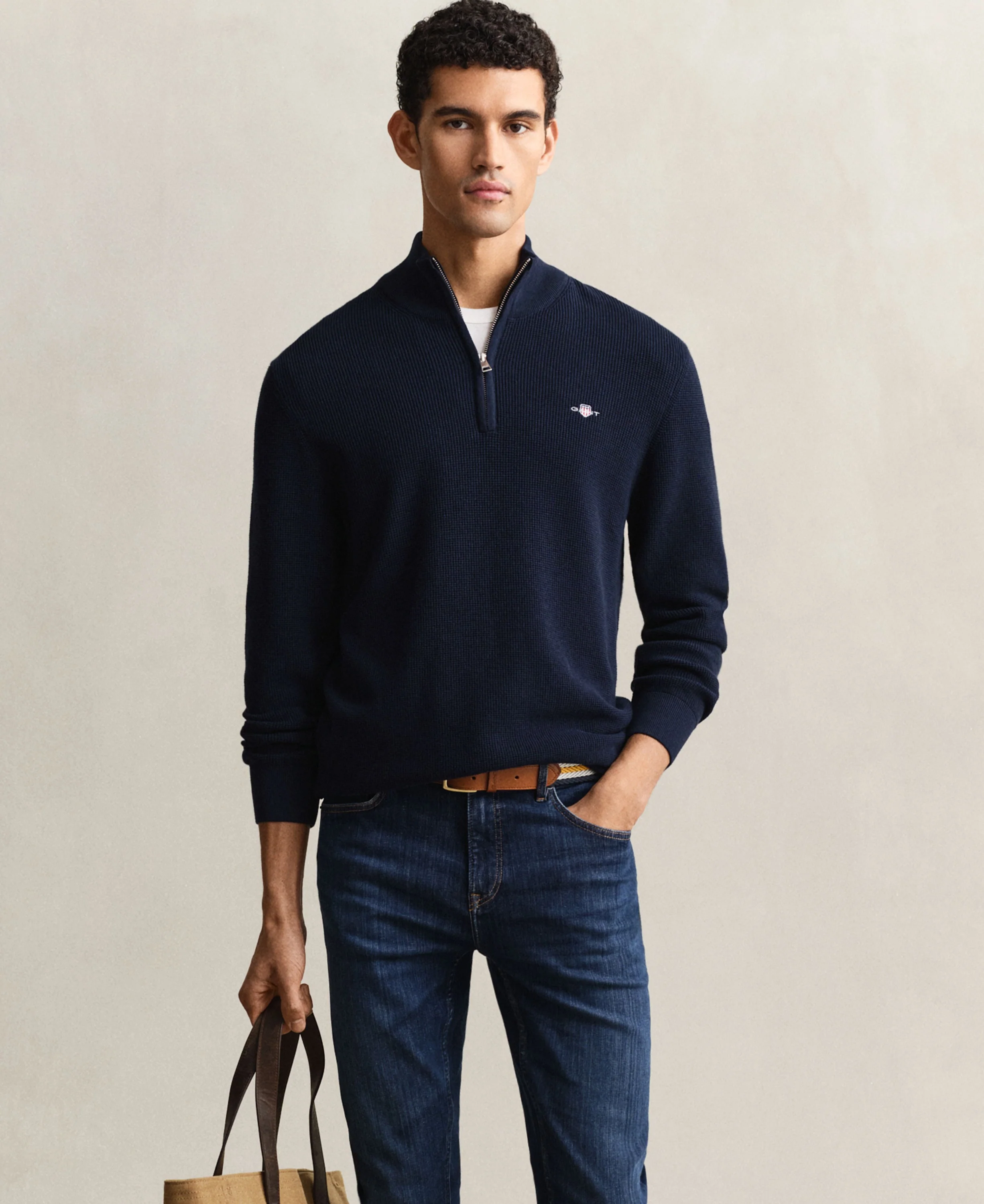 Micro Textured Cotton Half Zip - Evening Blue - Image 5