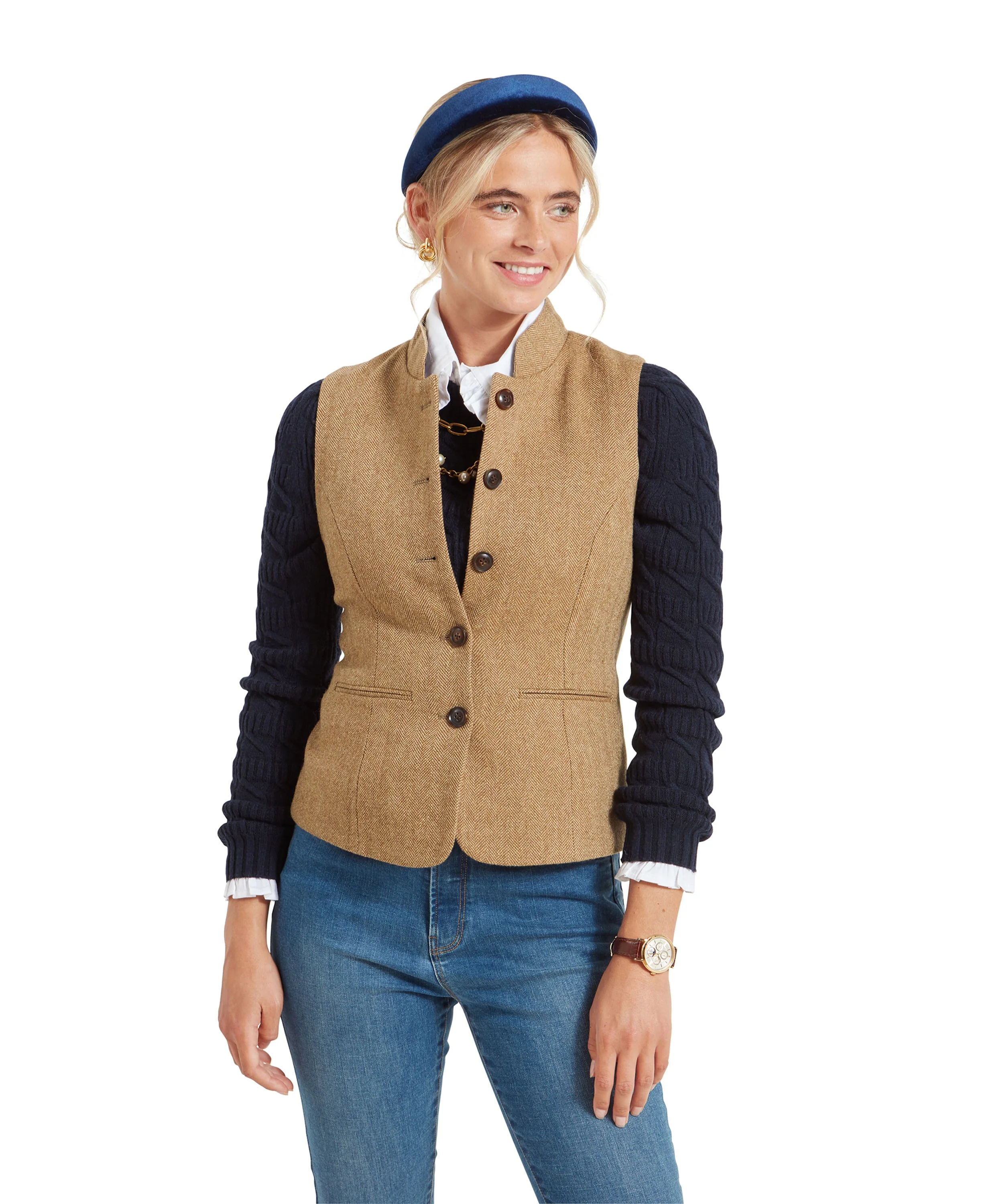 Millport Tweed Nehru Waistcoat - Oak Herringbone Tweed - Image 2