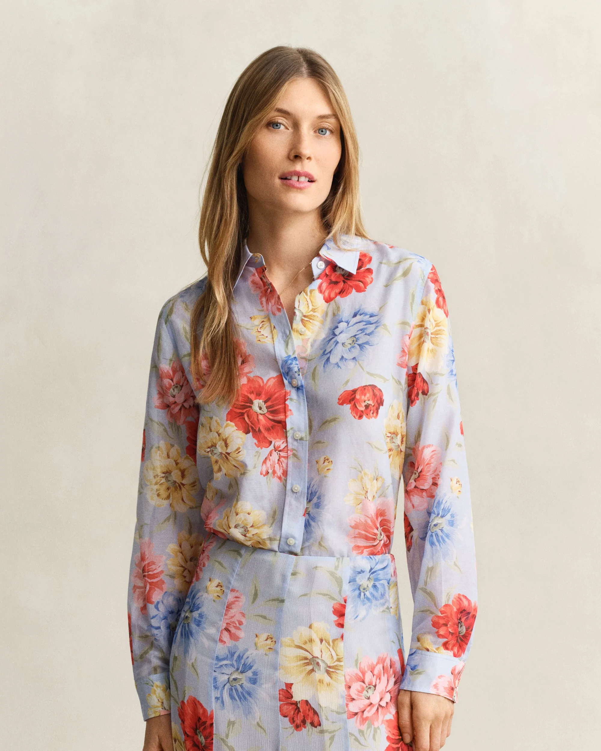Regular Floral Print Cotton Silk Long Sleeve Shirt - Light Blue - Image 2