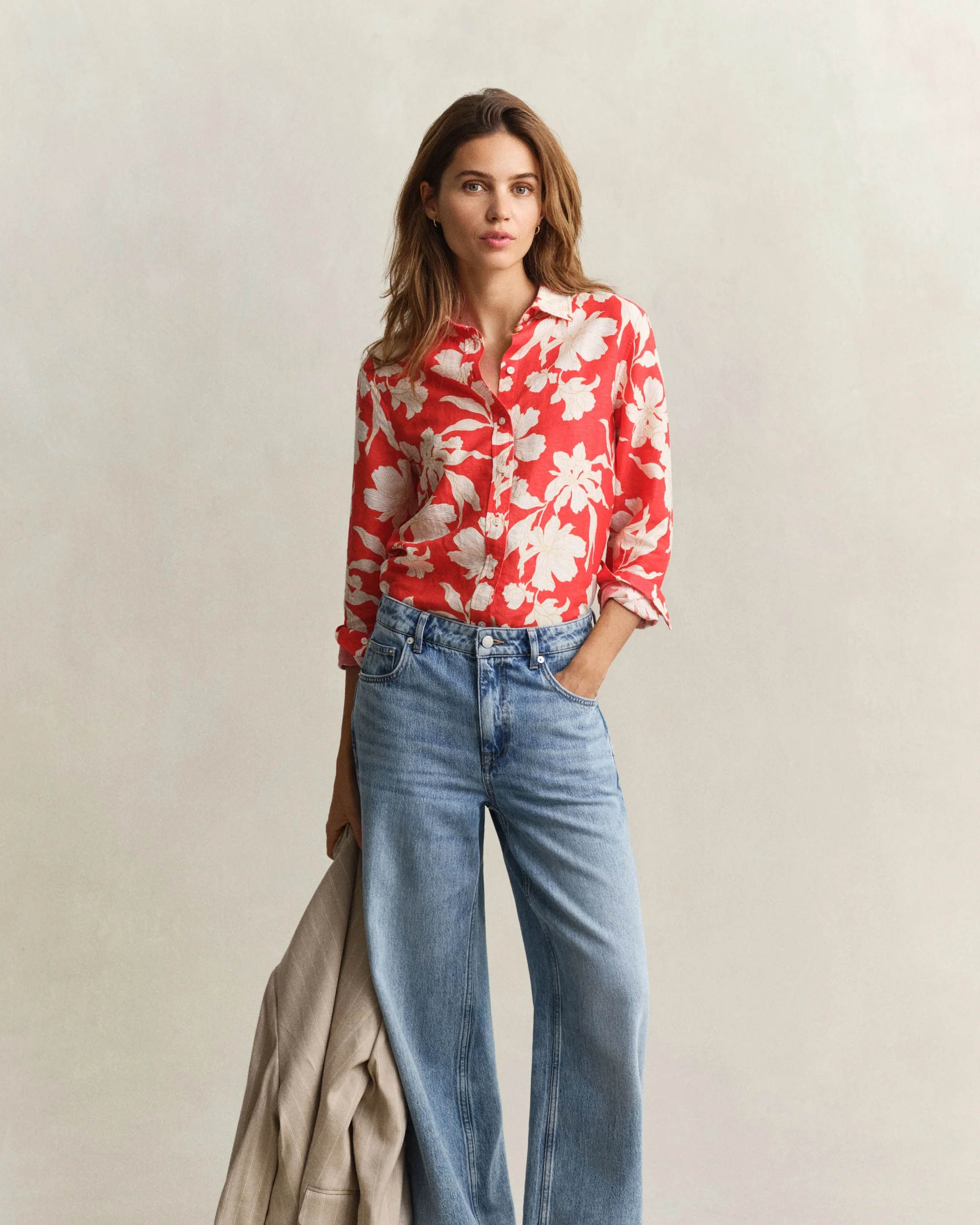 Reg Floral Print Linen Shirt - Perfect Red - Image 5